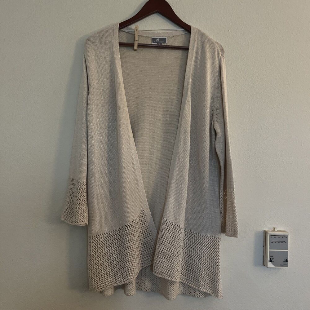 JM Collection Beige Tan Knit Crochet Open Front Long Cardigan Sweater SZ L
